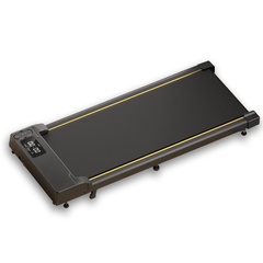 A sleek, black treadmill JT31 with a digital display showing "00:00" is set up on a white background, featuring yellow stripes along the sides and six visible support legs.