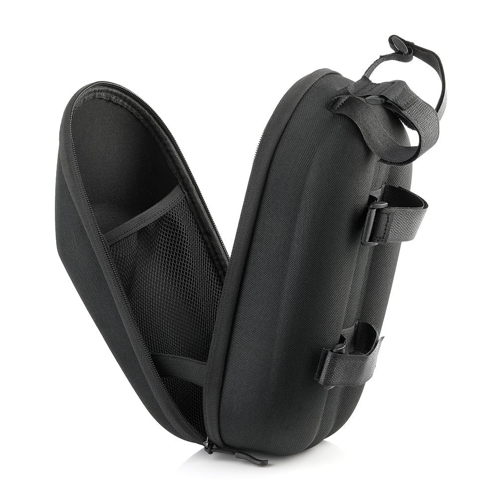 Water-resistant e-scooter handlebar bag showing secure zippered compartments