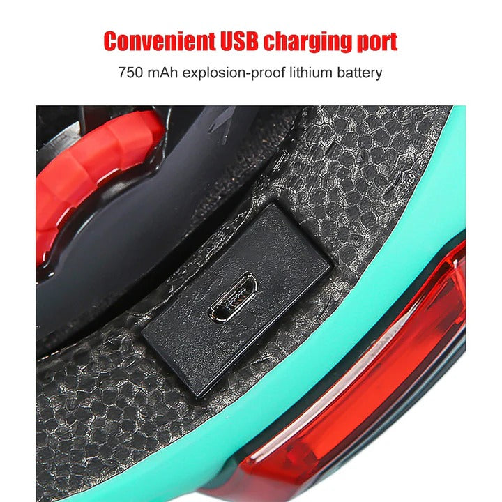 Close-up of a USB charging port on a helmet with text about battery capacity.