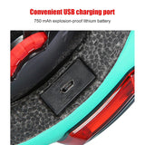 Close-up of a USB charging port on a helmet with text about battery capacity.