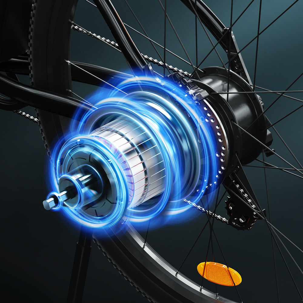 Close-up of a bicycle hub with glowing blue elements on a dark background