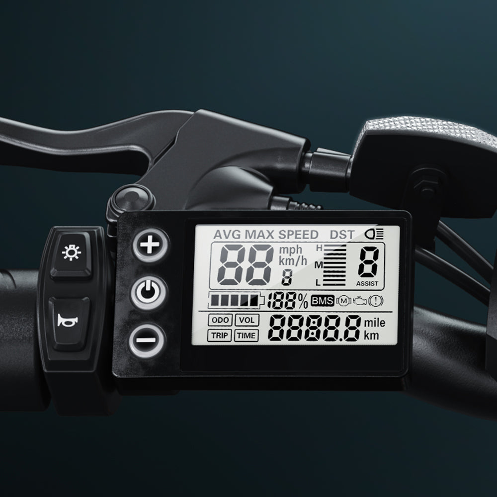Electric Bike handlebar with digital display showing various metrics on a dark background