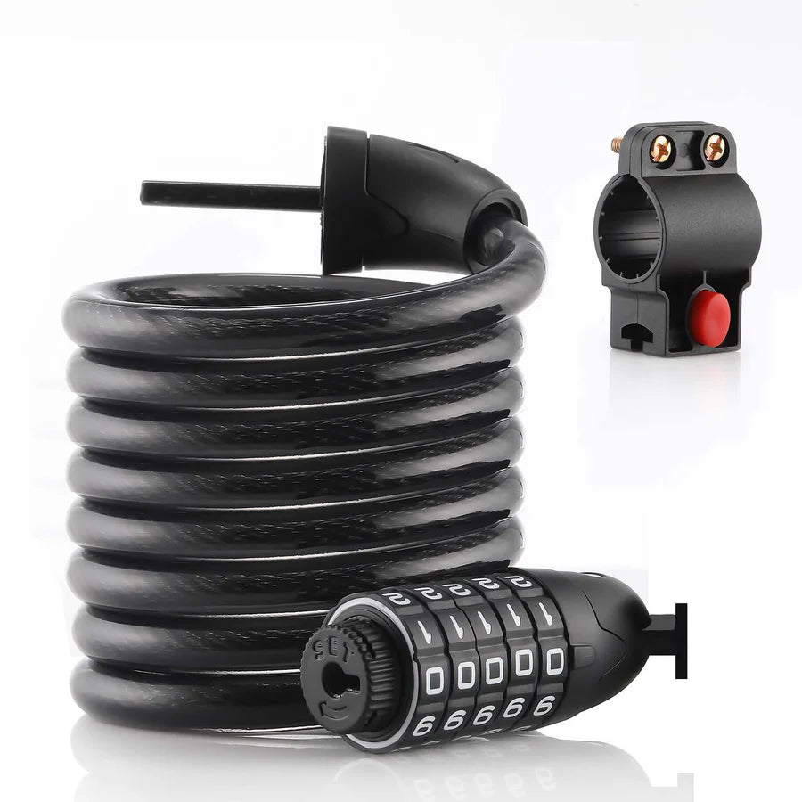 A black coiled bicycle lock with a combination lock on a white background
