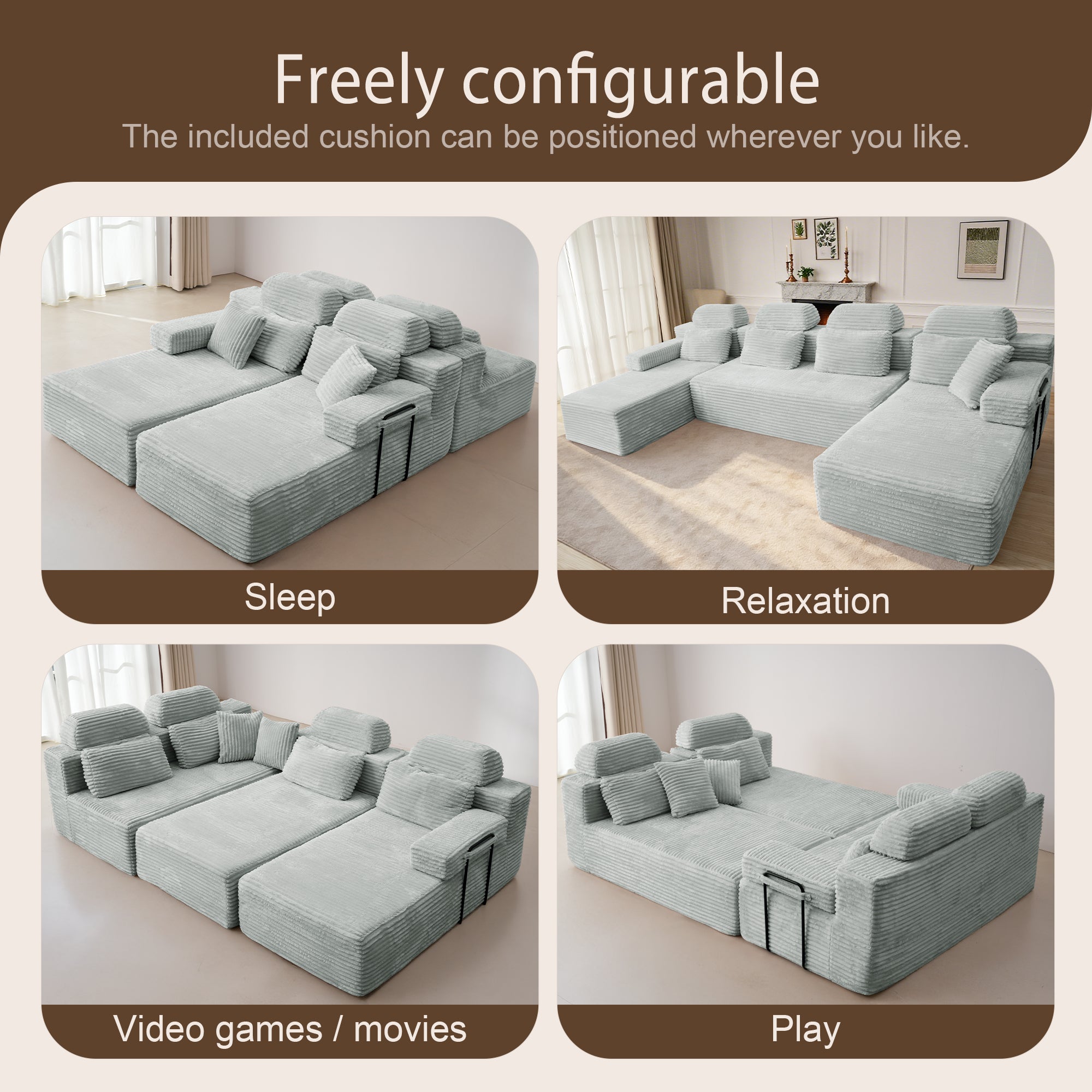 Patbrela sofas Extra-large modular U-shaped sofa with 2 chaise lounges, comfortable corduroy upholstery + memory foam, no assembly required