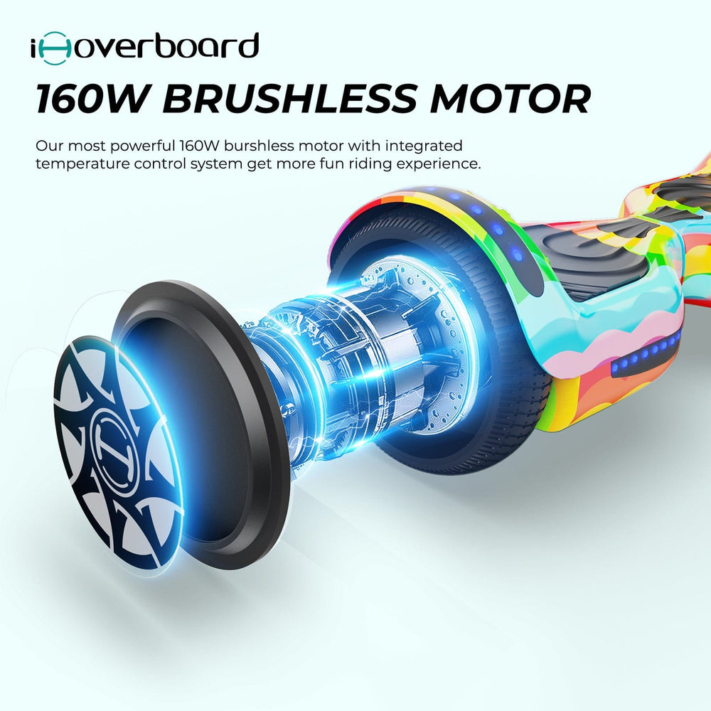The iHoverboard Hoverboard for Kids, 6.5" Self-Balancing with Bluetooth LED Lights (CE Certified-H1) features a colorful design and advanced temperature control, making it a safe and fun children’s electric hoverboard.