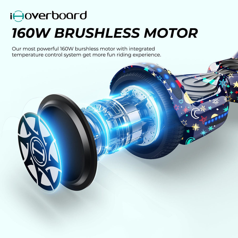 A detailed diagram of the iHoverboard Hoverboard for Kids, 6.5" Self-Balancing with Bluetooth LED Lights shows its 160W brushless motor, blue glow, internal parts, star and moon pattern, plus text on motor power and temp control. CE Certified-H1.