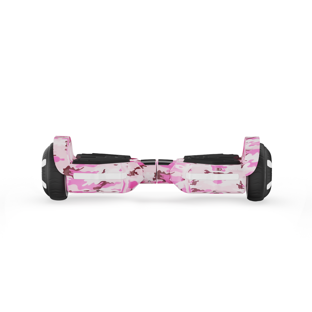A hoverboard h2 with a vibrant pink camouflage pattern is displayed against a white background, featuring black footpads and sturdy black wheels.