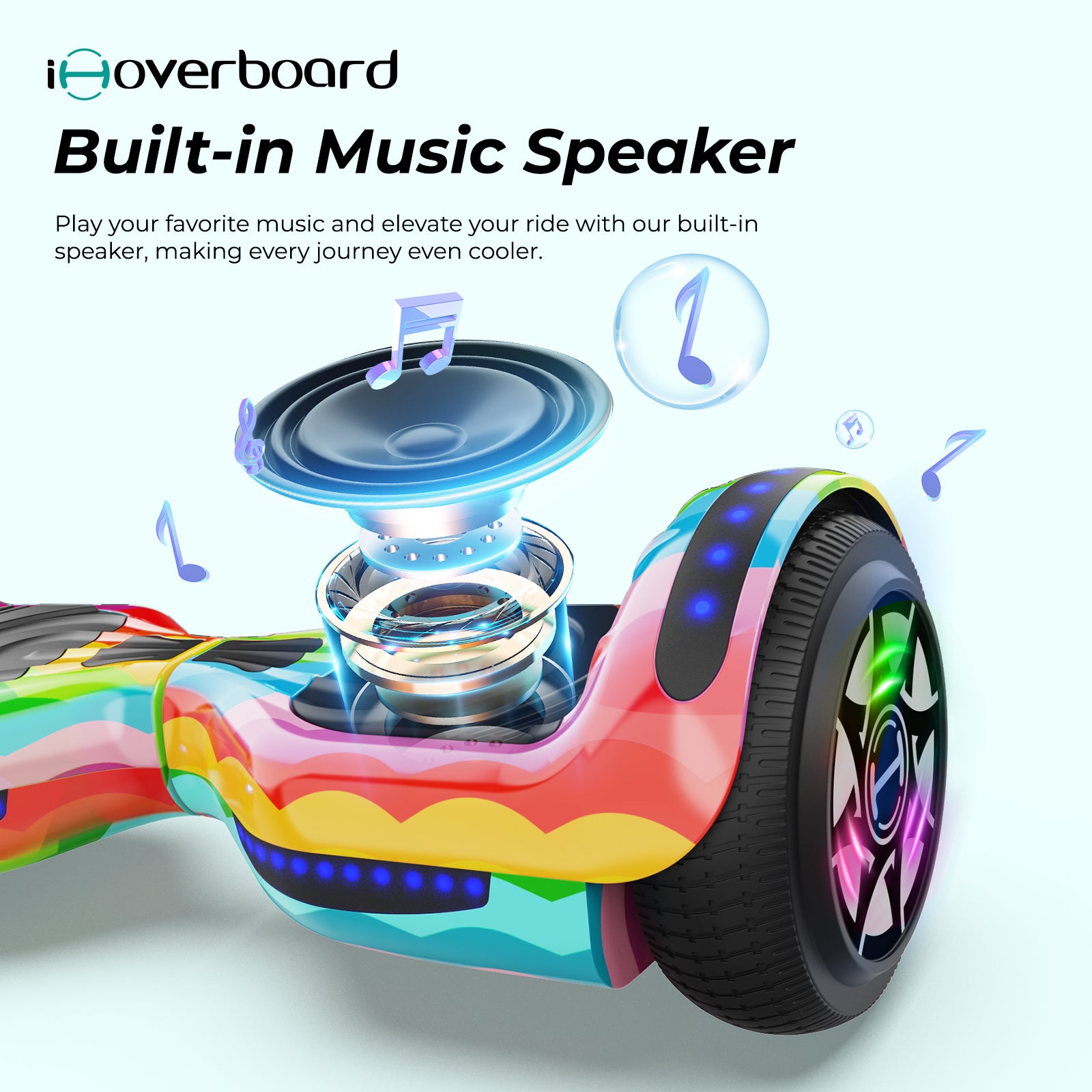 The iHoverboard Hoverboard for Kids, 6.5" Self-Balancing with Bluetooth and LED lights, features glowing wheels and a built-in speaker so kids can enjoy music as they ride. CE Certified-H1 ensures safety and fun for children.