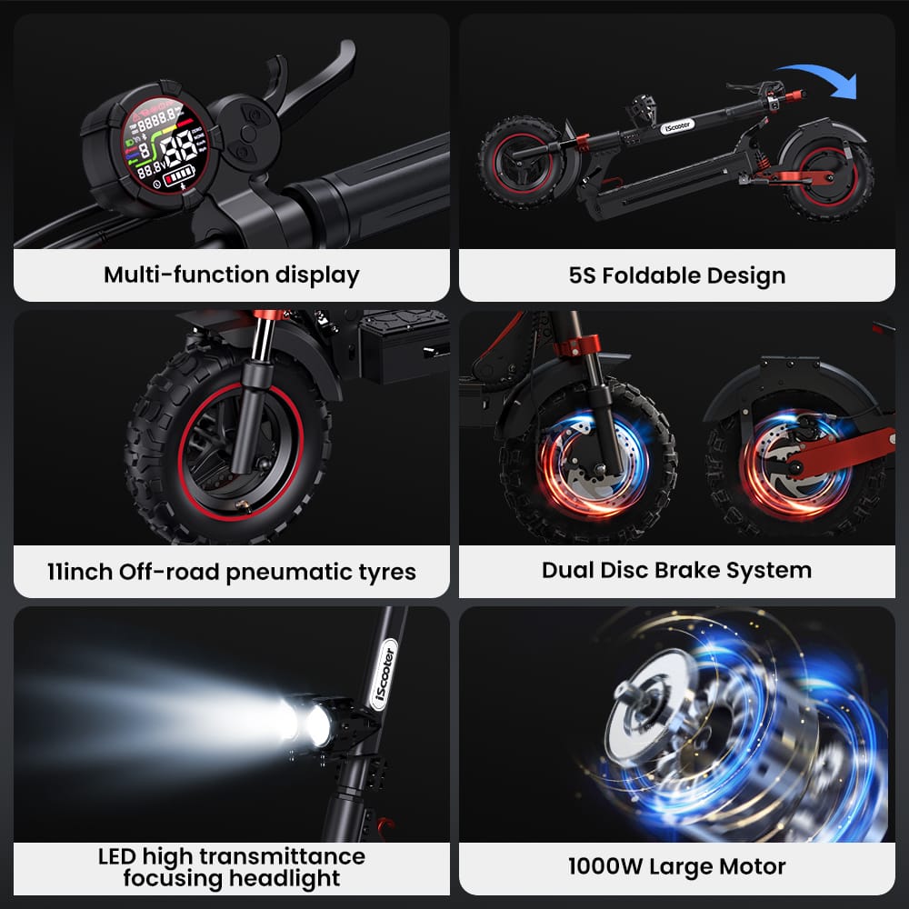 iScooter Off-Road E-Scooter IX5S Electric Scooter, 1000W Motor, 48V 15Ah Battery, 11 Inch Tires, 45km/h Max Speed, 65km Range, Front & Rear Disc Brake, Front & Rear Suspension