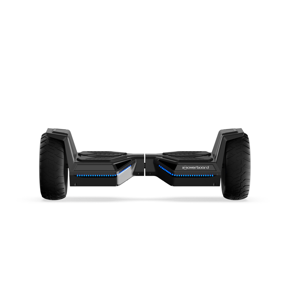 A sleek black hoverboard H8pro with large, rugged tires and blue LED lights along the sides is displayed against a white background.