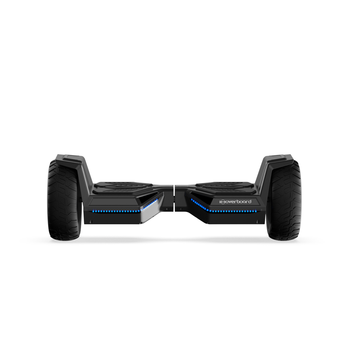 A sleek black hoverboard H8pro with large, rugged tires and blue LED lights along the sides is displayed against a white background.