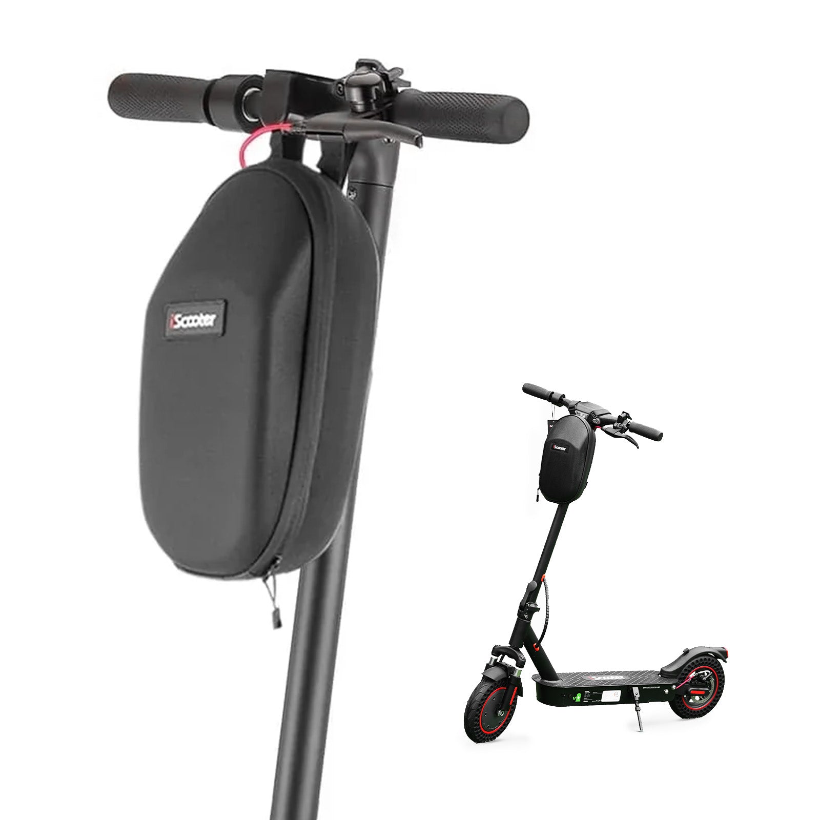 Black scooter with a carrying bag attached on a white background