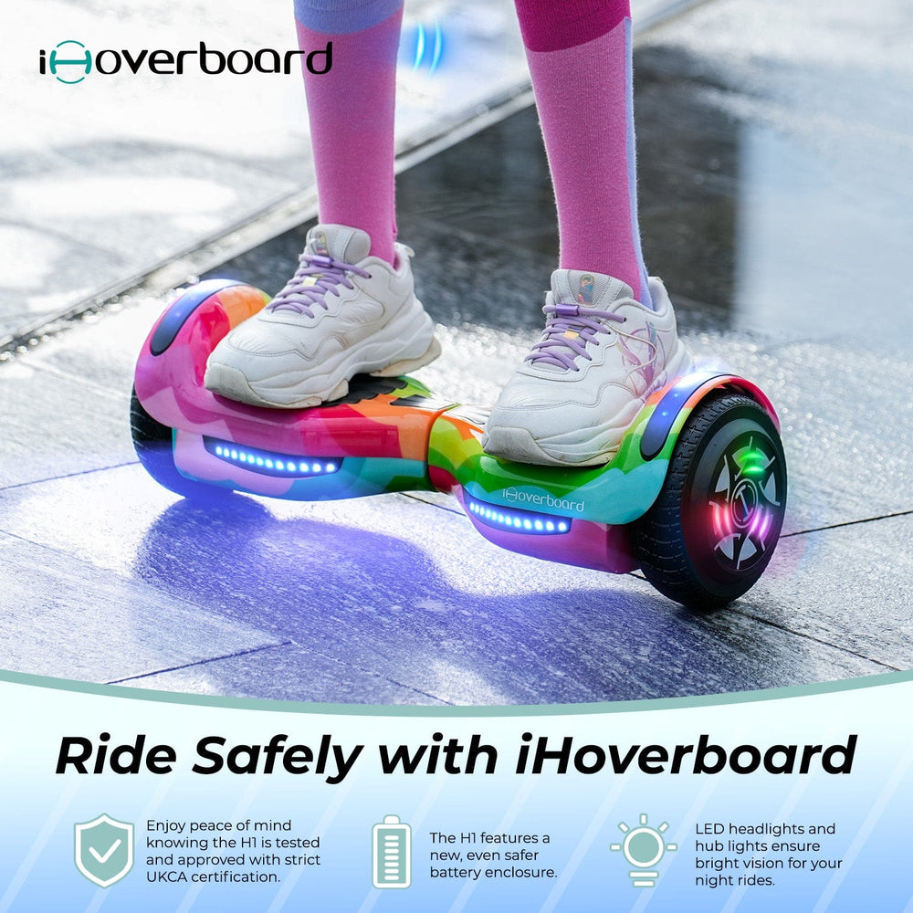 A child wearing white sneakers and pink leggings rides the iHoverboard Hoverboard for Kids, 6.5" Self-Balancing with Bluetooth LED Lights, CE Certified-H1—highlighting safety, long battery life, and LED lights for adventurous fun.