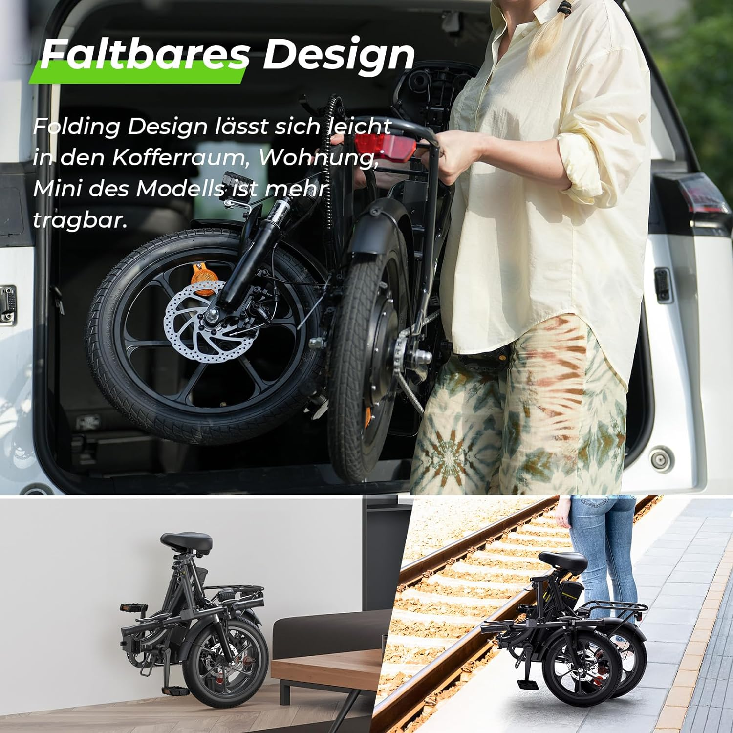 Close-up of 16 inch fat tires on foldable electric bicycle