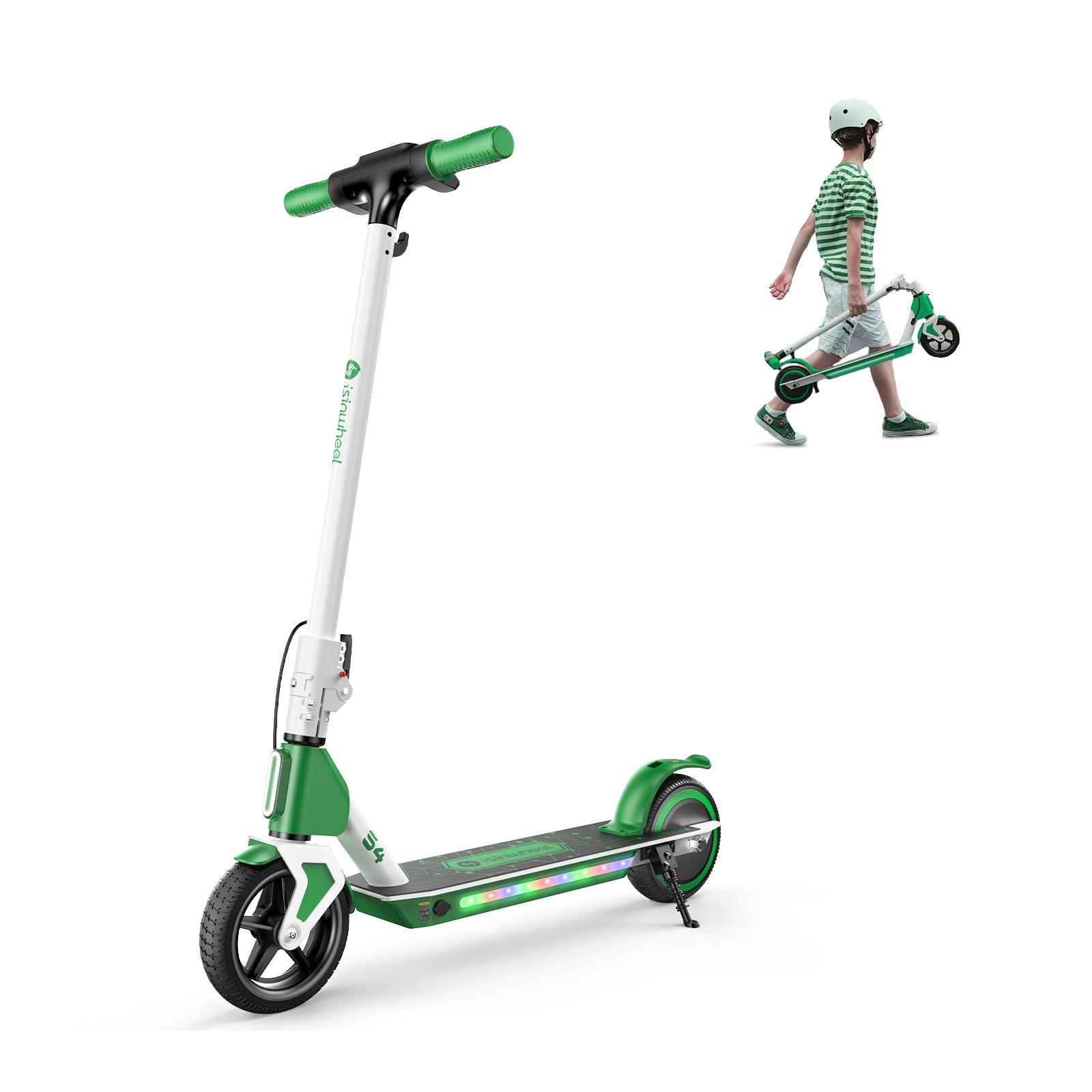 A sleek green and white electric scooter with LED lights on the deck is prominently displayed. In the background, a child wearing a helmet and striped shirt walks while carrying a folded scooter, matching the color scheme.