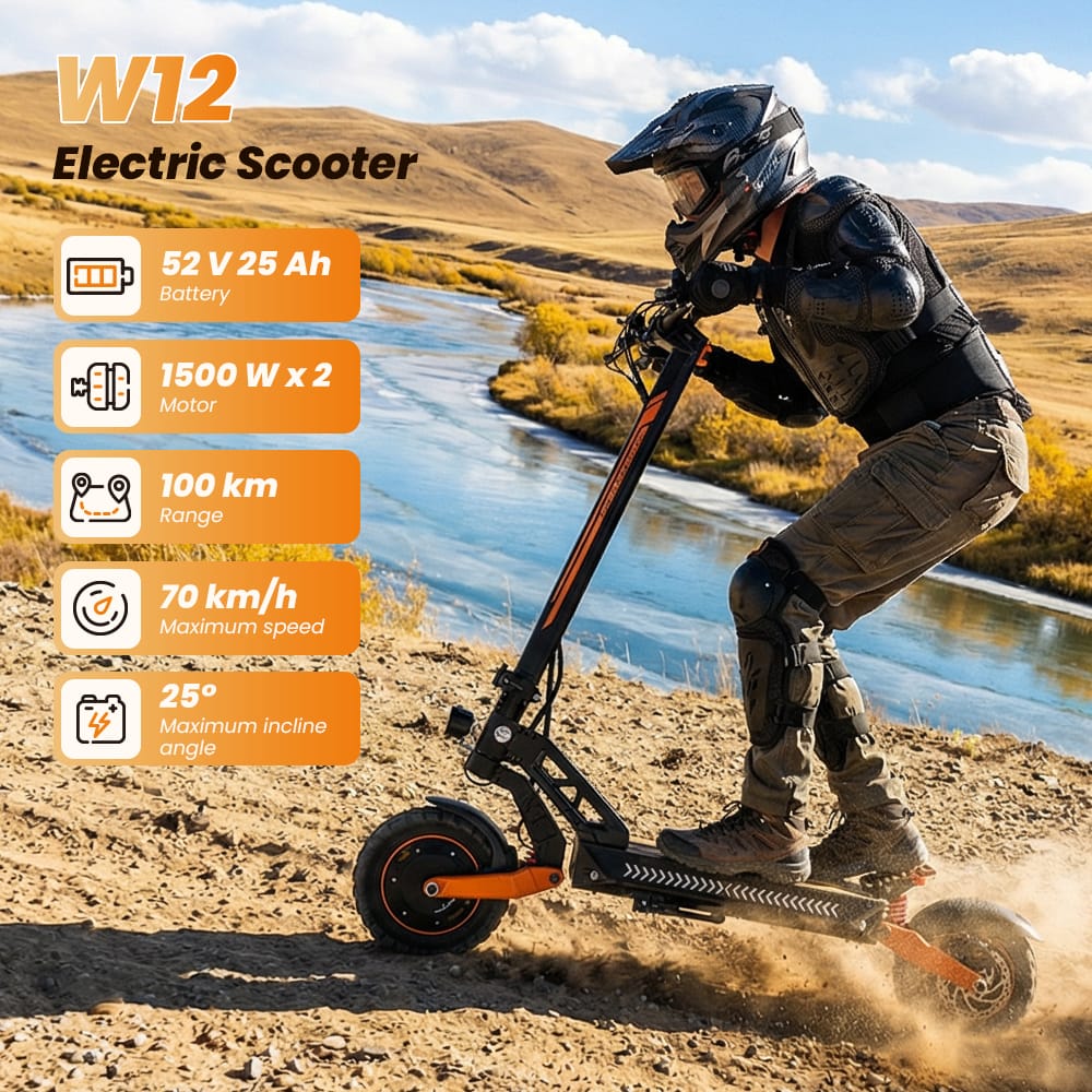 iScooter Commuter E-Scooter W12 Electric Scooter, 2*1500W Motor, 52V 25Ah Battery, 11 inch Tires, 70km/h Max Speed, 100km Range, Front & Rear Disc Brakes, Sleeve shock absorbers