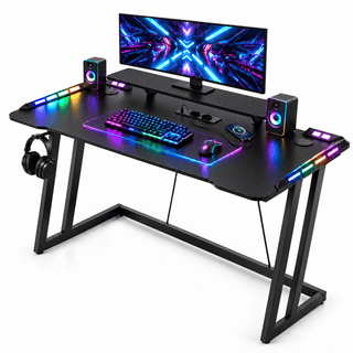 CyberCart Cybercart RGB Gaming Desk with Z-Shaped Sturdy Steel Frame & Carbon Fiber Textured Surface, Ergonomic PC Computer Table for Gamers