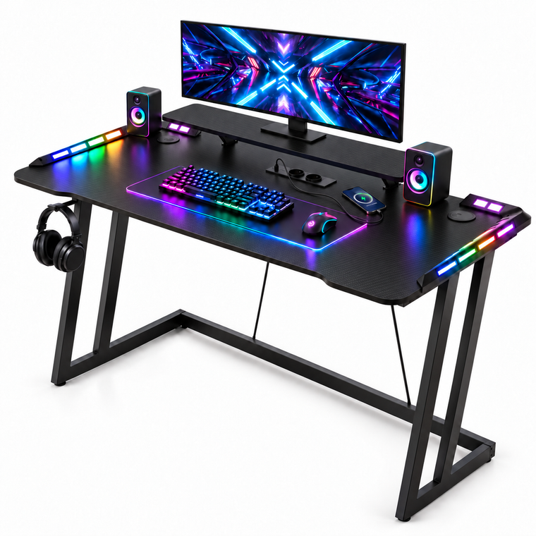 CyberCart Herní stůl RGB s robustním ocelovým rámem ve tvaru Z a povrchem s texturou z uhlíkových vláken, ergonomický počítačový stůl pro hráče