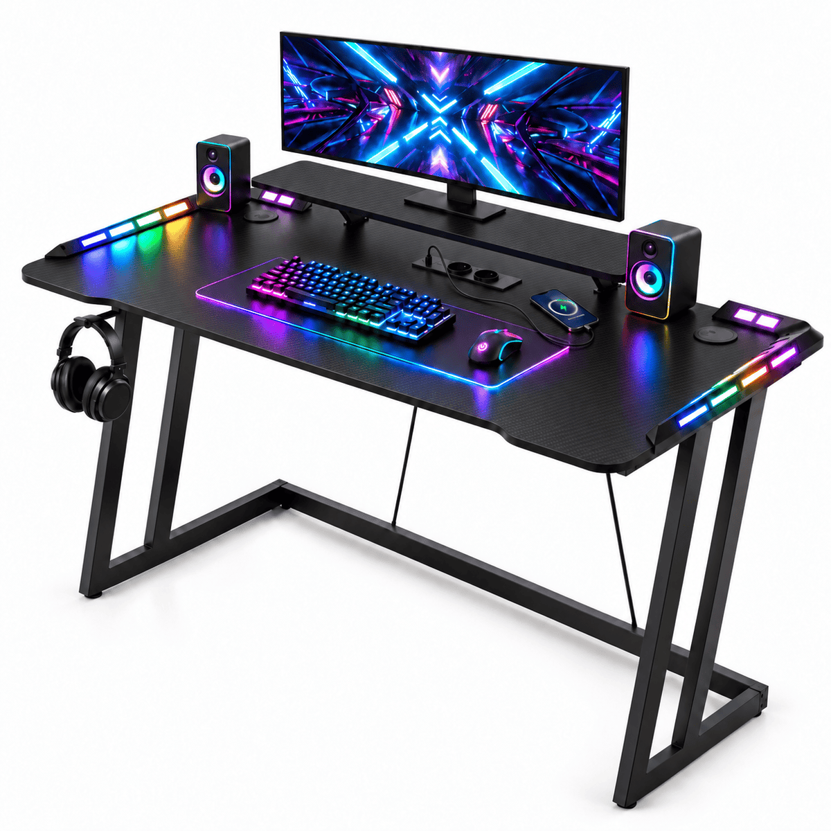 CyberCart RGB spēļu galds ar Z formas izturīgu tērauda rāmi un oglekļa šķiedras teksturētu virsmu, ergonomisks datora galds spēlētājiem