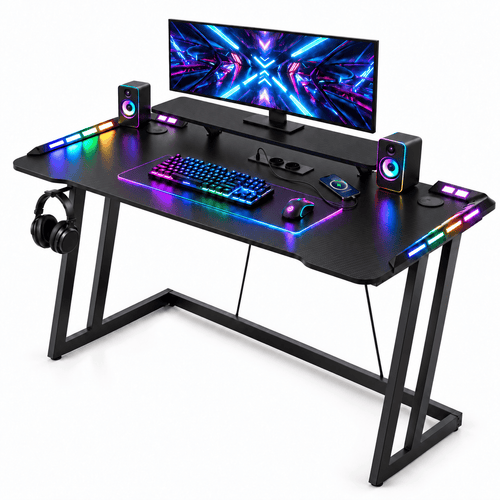 CyberCart RGB spēļu galds ar Z formas izturīgu tērauda rāmi un oglekļa šķiedras teksturētu virsmu, ergonomisks datora galds spēlētājiem