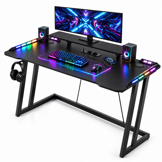 CyberCart Cybercart RGB Gaming Desk with Z-Shaped Sturdy Steel Frame & Carbon Fiber Textured Surface, Ergonomic PC Computer Table for Gamers 1254