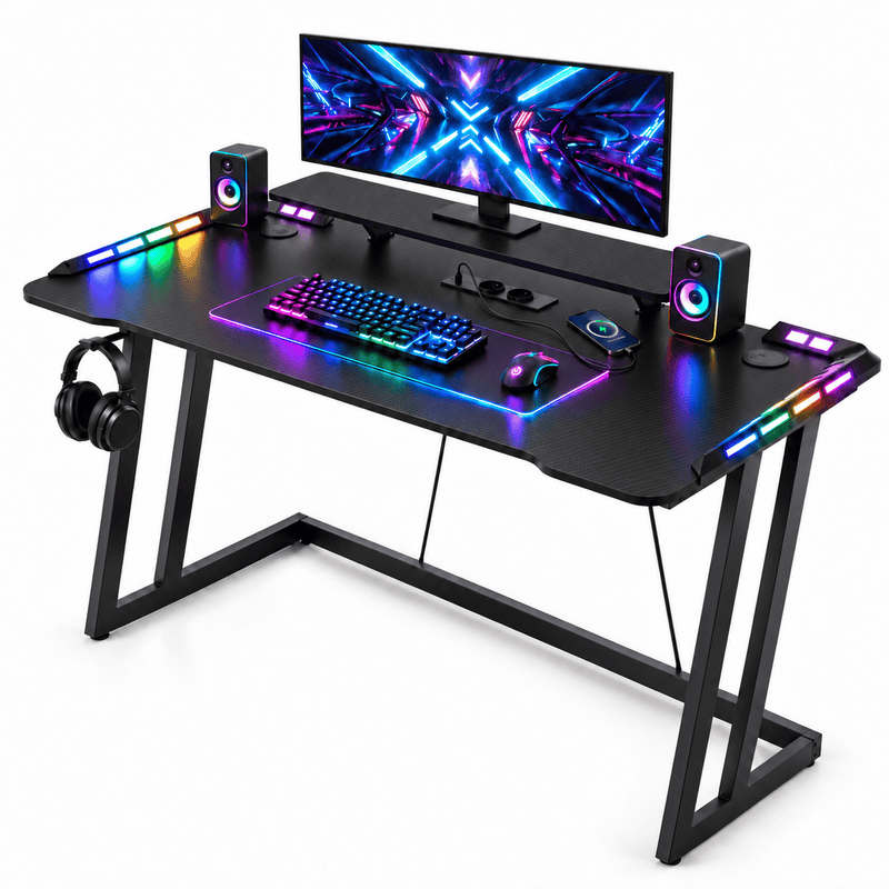 CyberCart Cybercart RGB Gaming Desk with Z-Shaped Sturdy Steel Frame & Carbon Fiber Textured Surface, Ergonomic PC Computer Table for Gamers