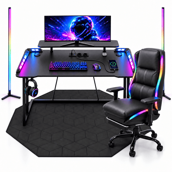 CyberCart Cybercart RGB Gaming Desk with Z-Shaped Sturdy Steel Frame & Carbon Fiber Textured Surface, Ergonomic PC Computer Table for Gamers