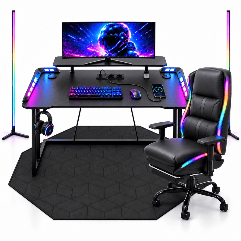 CyberCart Cybercart RGB Gaming Desk with Z-Shaped Sturdy Steel Frame & Carbon Fiber Textured Surface, Ergonomic PC Computer Table for Gamers