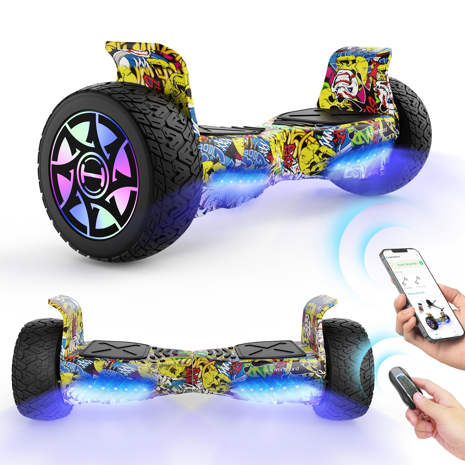 Colorful hoverboard with LED lights on a white background, accompanied by a smartphone and remote control.