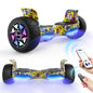 Colorful hoverboard with LED lights on a white background, accompanied by a smartphone and remote control.