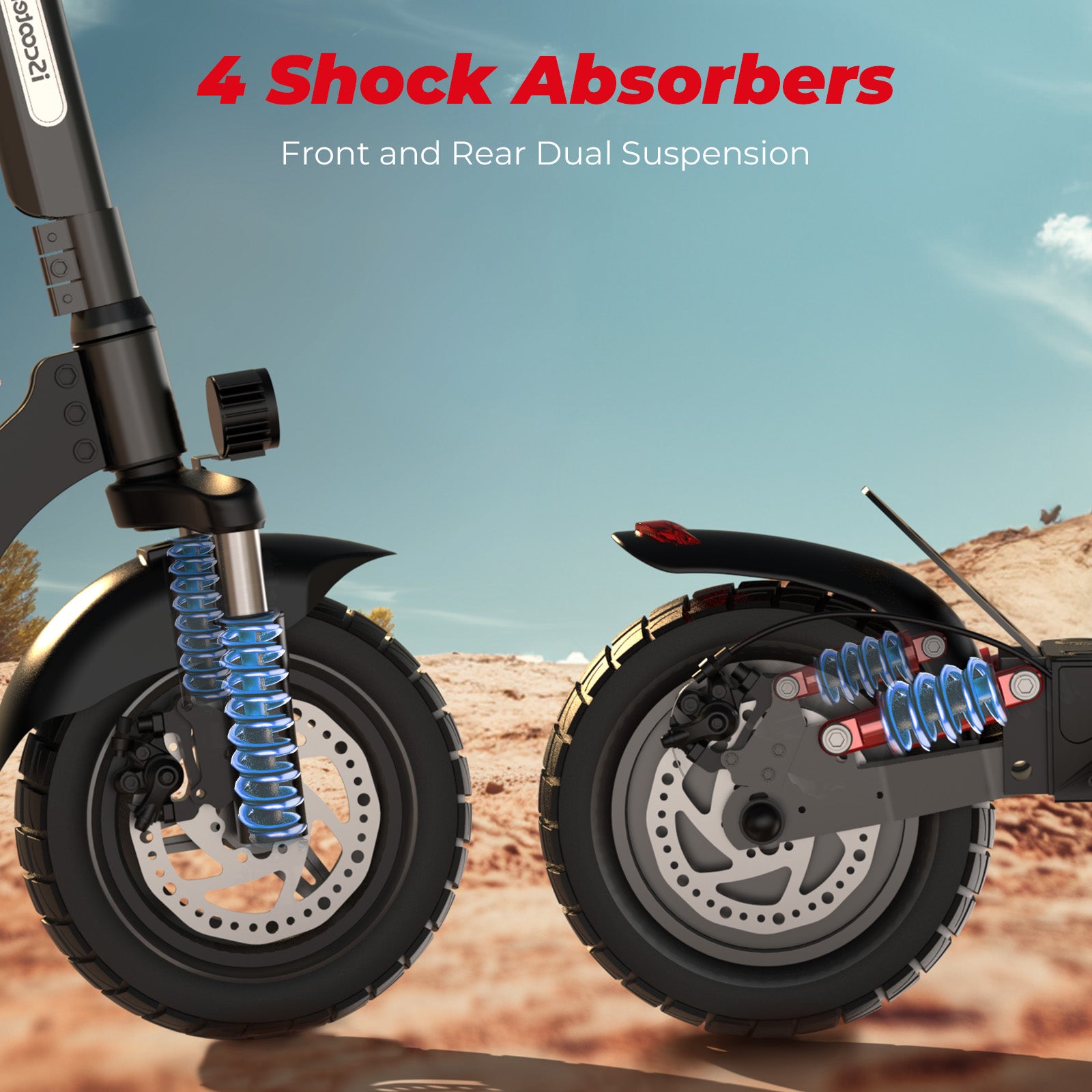 Close-up of a scooter's front and rear wheels, each equipped with vibrant blue shock absorbers, set against a desert landscape under a clear blue sky.