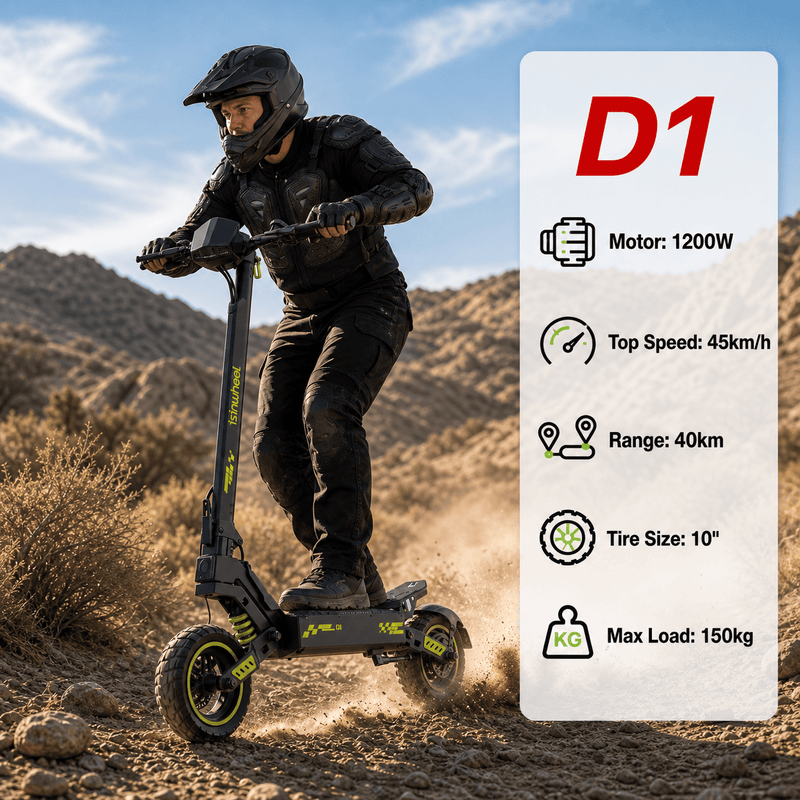 iSinwheel Skuter Elektryczny Terenowy D1 Electric Scooter, 1200W Motor, 48V 10Ah Battery, 10 Inch Tires, 45km/h Max Speed, 40km Range, Double Disc Brakes