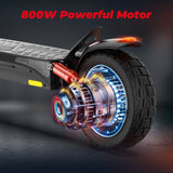 Close-up of an electric scooter's rear wheel showcasing an 800W powerful motor, with dynamic glowing effects emphasizing speed and energy, set against a dark background.