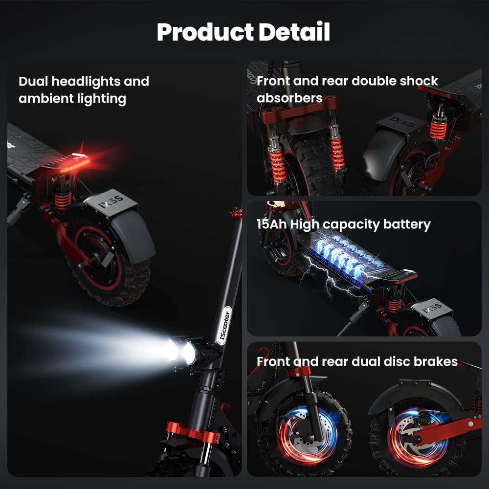 iScooter Off-Road E-Scooter IX5S Electric Scooter, 1000W Motor, 48V 15Ah Battery, 11 Inch Tires, 45km/h Max Speed, 65km Range, Front & Rear Disc Brake, Front & Rear Suspension