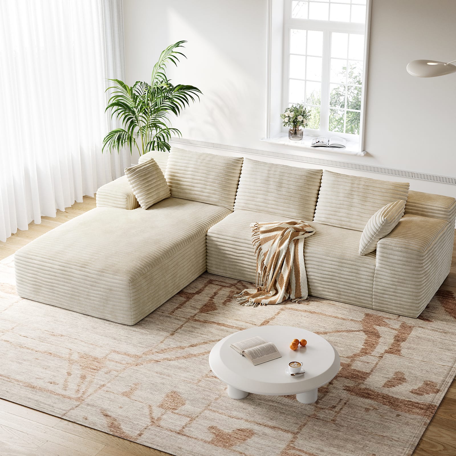 CyberCart Ares Minimalist 2-Seater Sofa Corduroy L-Shaped Gaming Sofa, 4-Seat Chaise Lounge, No Assembly, Beige
