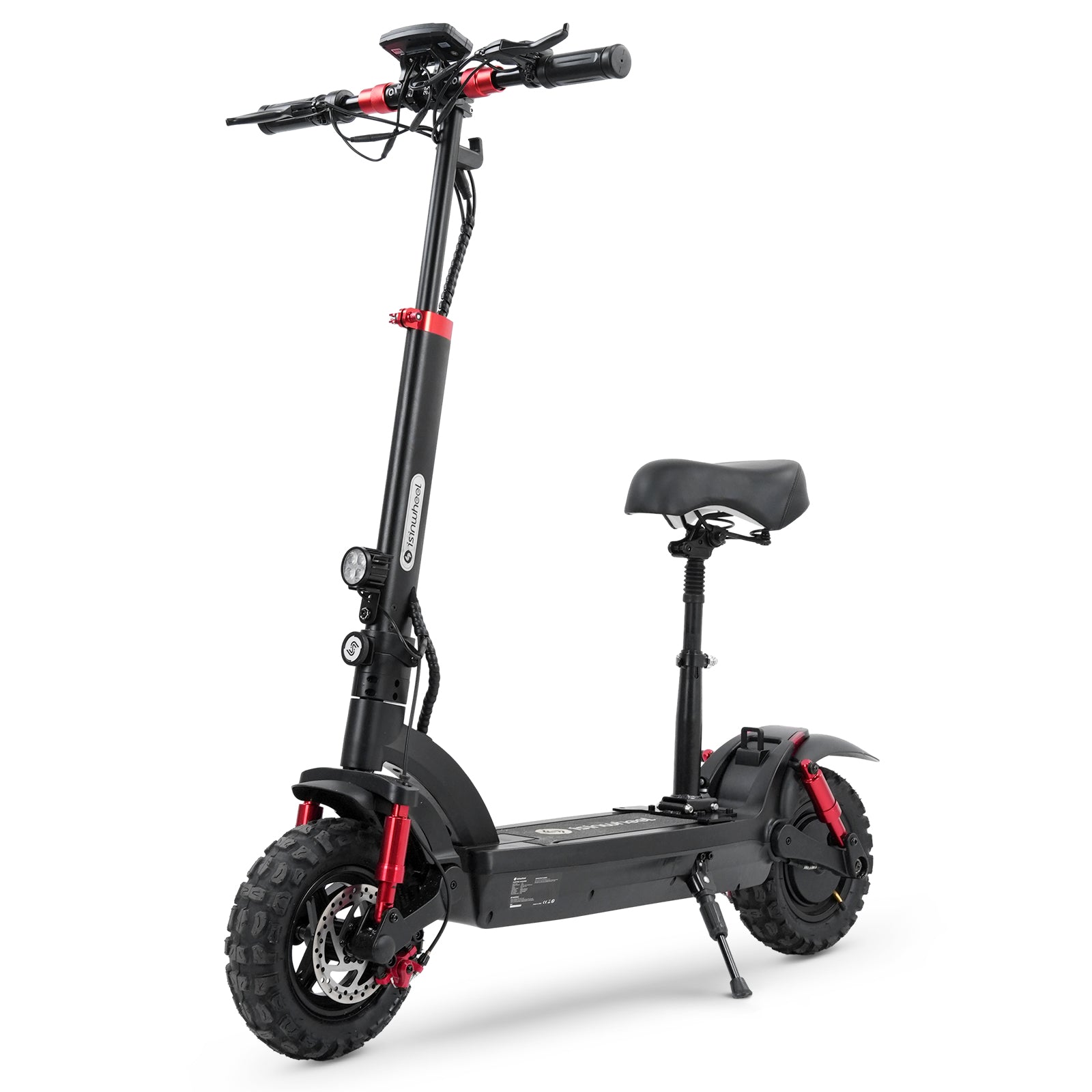 Black electric scooter with a seat on a white background