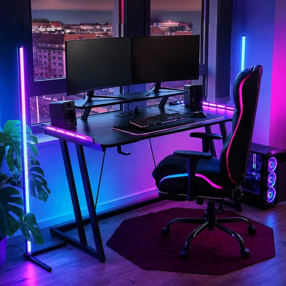CyberCart Cybercart RGB Gaming Desk with Z-Shaped Sturdy Steel Frame & Carbon Fiber Textured Surface, Ergonomic PC Computer Desk for Gamers