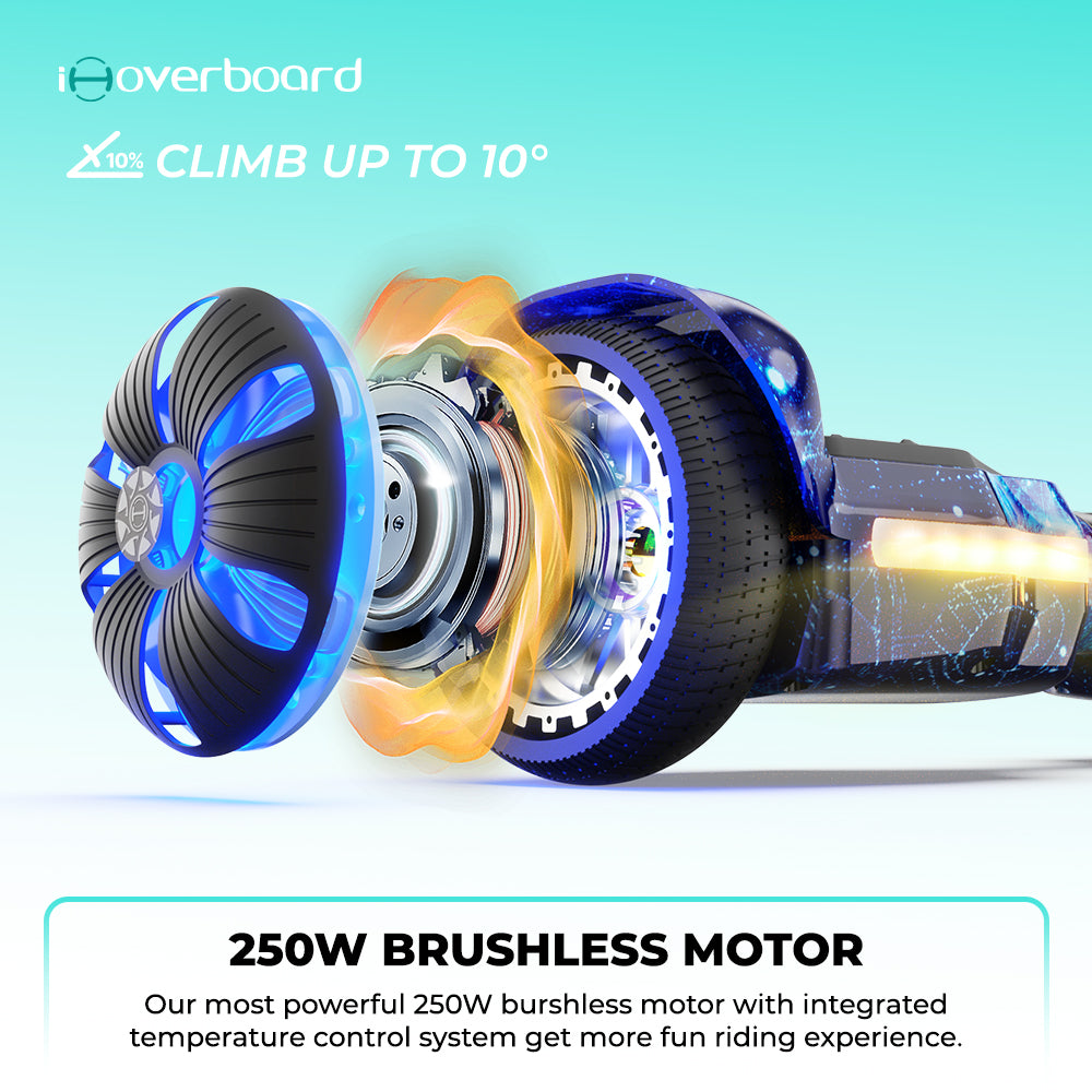 Close-up digital illustration of the iHoverboard Hoverboard for Kids Aged 6+ reveals its 250W brushless motor with LED effects, highlighting self-balancing tech, Bluetooth, advanced temperature control and a climbing capability of up to 10°.