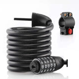A black coiled bicycle lock with a combination lock on a white background