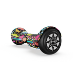 A colorful hoverboard h2 featuring a vibrant dinosaur pattern, with black wheels and a sleek design, is shown against a plain white background.