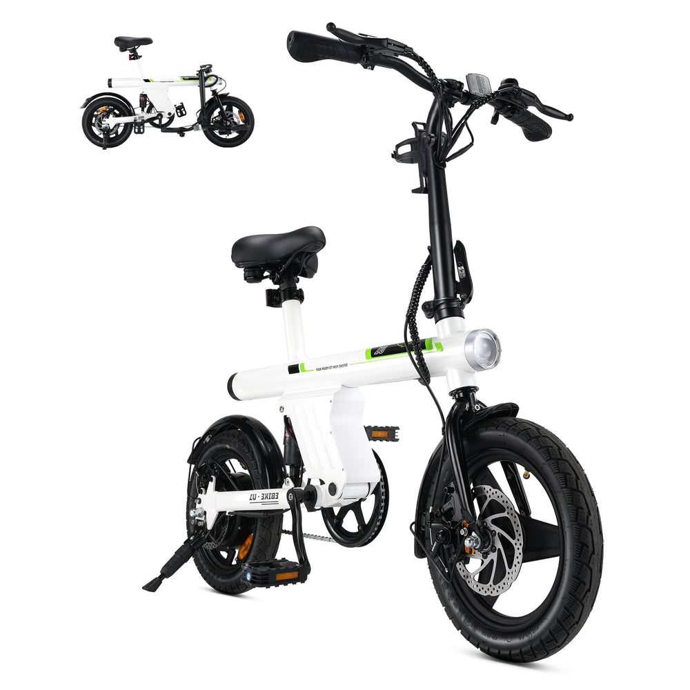White electric bike with black handlebars and wheels on a white background