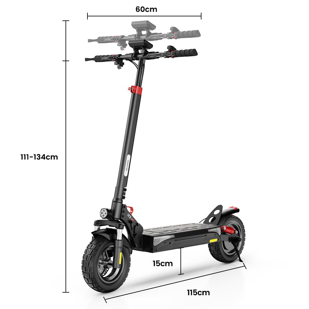 A sleek black electric scooter with adjustable handlebars is shown, measuring 111-134 cm in height, 60 cm in width, and 115 cm in length. The scooter features robust tires and a sturdy frame, with a deck height of 15 cm.