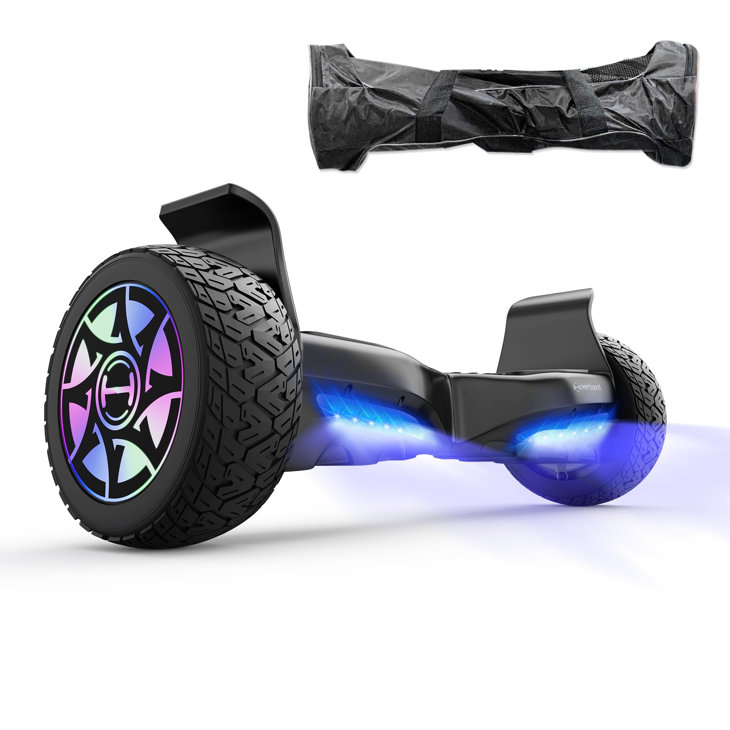 Black hoverboard with colorful wheel design on a white background