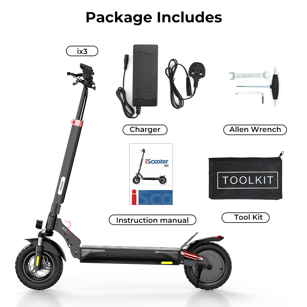 The image shows the contents of an electric scooter package, including a black iScooter ix3, a charger with a plug, an Allen wrench, an instruction manual, and a toolkit in a black pouch.