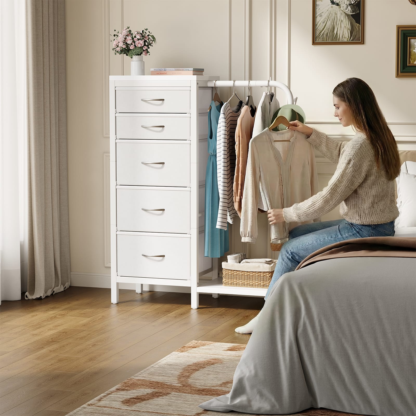 CyberCart Coat Rack, Wardrobe with 5 Fabric Drawers, Chest of Drawers with Clothes Rail