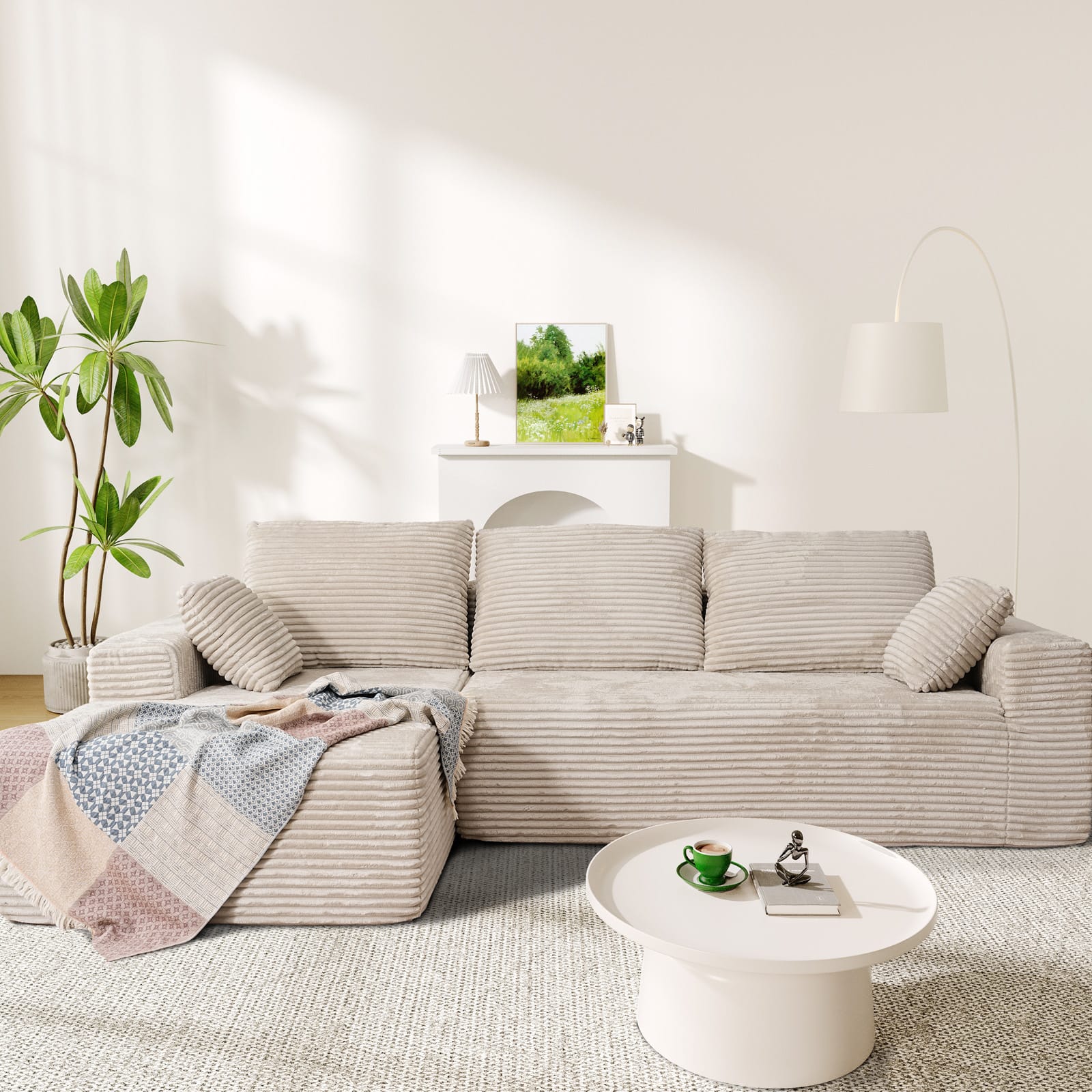 Patbrela Ares Minimalist 2-Seater Sofa Corduroy L-Shaped Sofa, 4-Seat Chaise Lounge, No Assembly, Beige