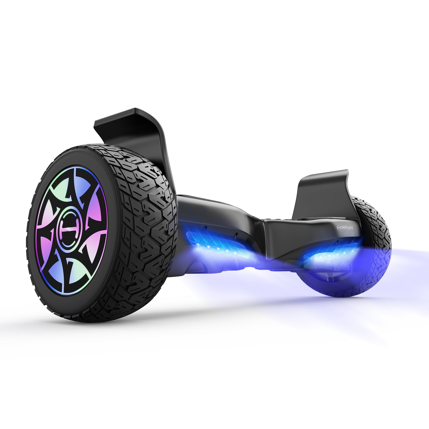 Black hoverboard with colorful wheel design on a white background