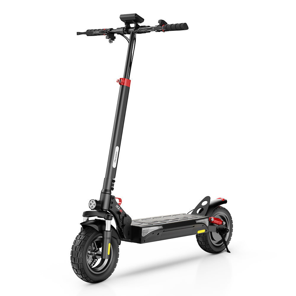 A sleek black electric scooter stands on its kickstand, featuring a sturdy frame with wide tires, a digital display on the handlebars, and red accents for added style.