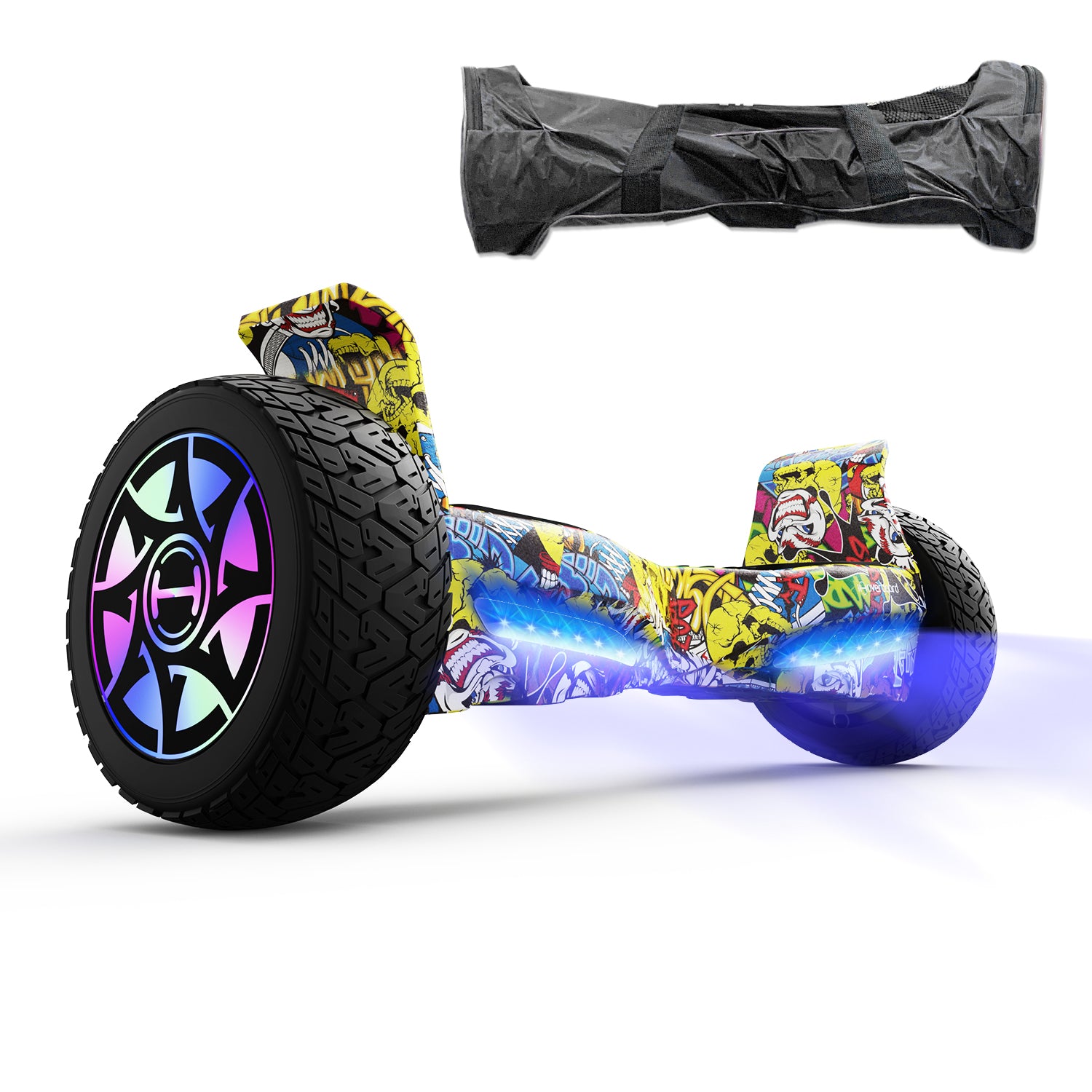Colorful hoverboard with cartoon design and glowing wheels on a white background
