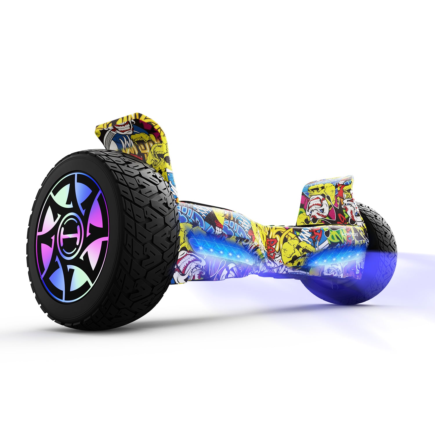 Colorful hoverboard with cartoon character design on a white background